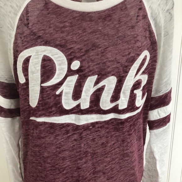 PINK Victoria's Secret White and Maroon Graphic Raglan Long Sleeve Tee - Picture 3 of 8